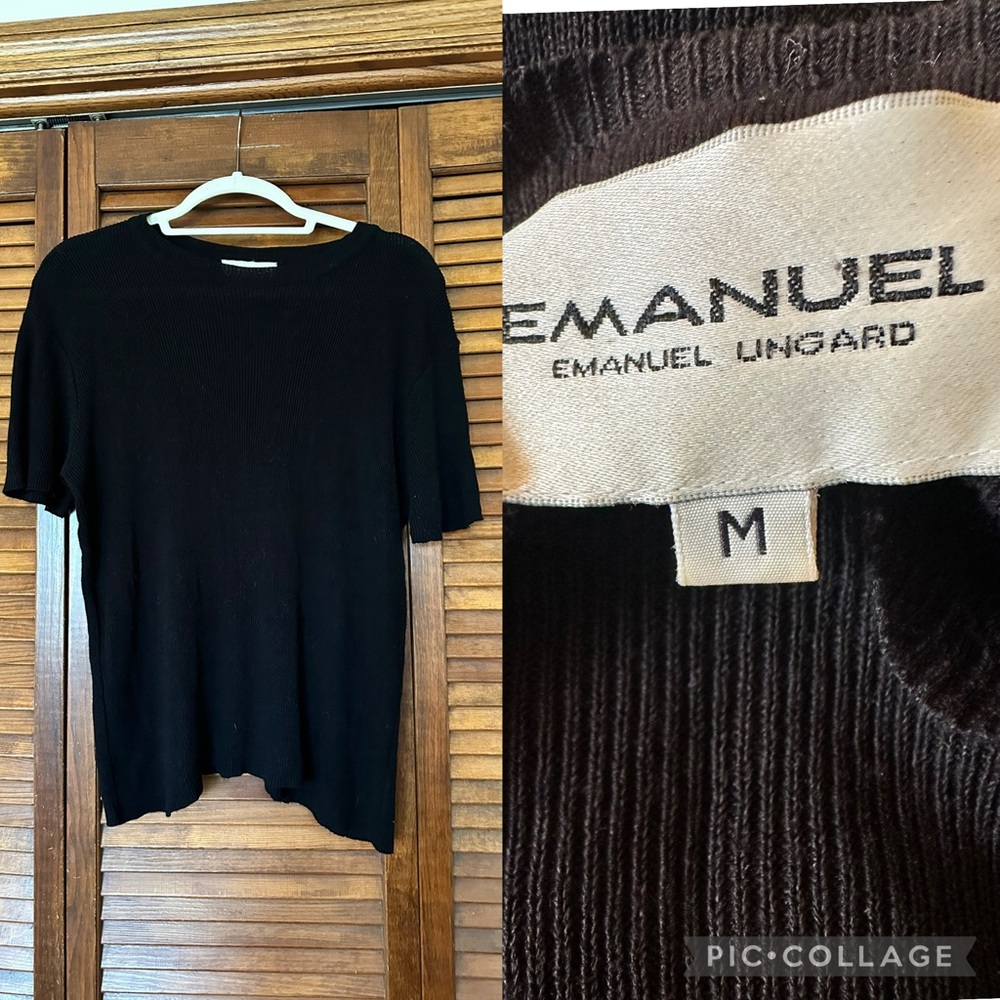 Emanuel Ungaro designer black ribbed short sleeve sweater top size medium.